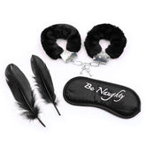 "Be Naughty" BDSM Restraint Kit for Couples (3-Piece Set) – Soft Wrist Cuffs, Blindfold & Feather Ticklers – Black/Red Options